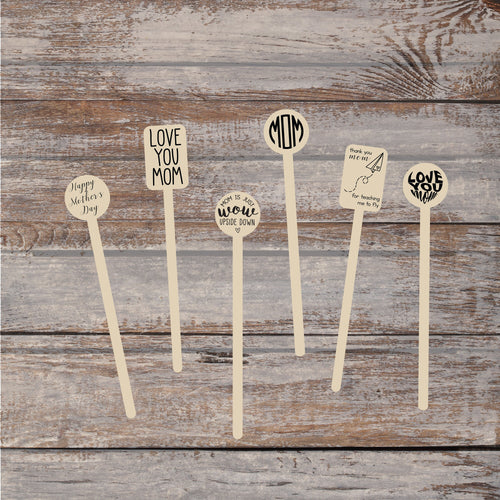 Wooden Drink Stirrers- Wood Coffee Stir Sticks - Cupcake Picks - Choose Your Design - FREE U. S. SHIPPING
