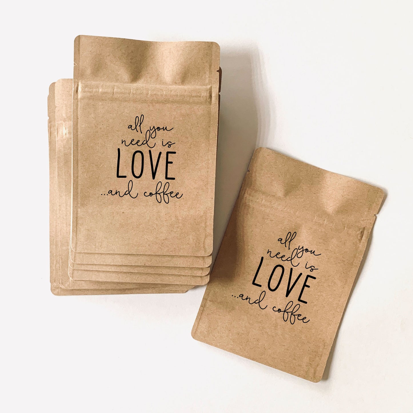 Natural Brown Kraft Lined Coffee Favor Pouches - Ready to Ship - Weddings - Coffee Beans, Ground Coffee, Tea, Candy - FREE U. S. SHIPPING
