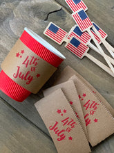 Load image into Gallery viewer, Natural Brown or White Coffee Sleeves -or- Full Set of Sleeves Red Cups and Lids -or- Flag Stir Sticks - 4th of July - FREE U. S. SHIPPING