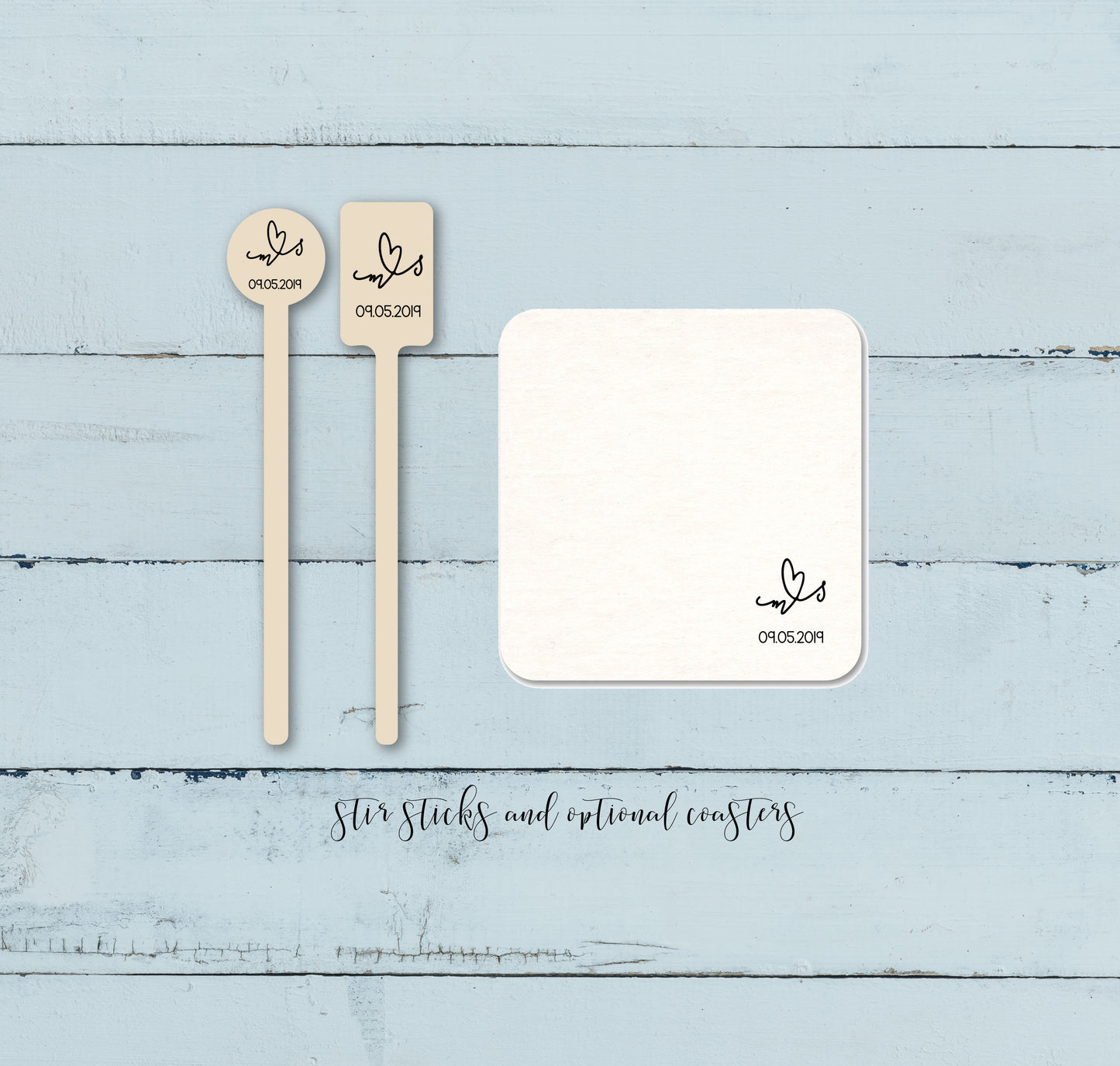 Personalized Wooden Drink Stirrers and Option to Add Matching Coasters - Letter and Letter Connected by Heart - Your Letter Choices
