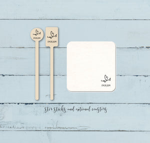 Personalized Wooden Drink Stirrers and Option to Add Matching Coasters - Letter and Letter Connected by Heart - Your Letter Choices