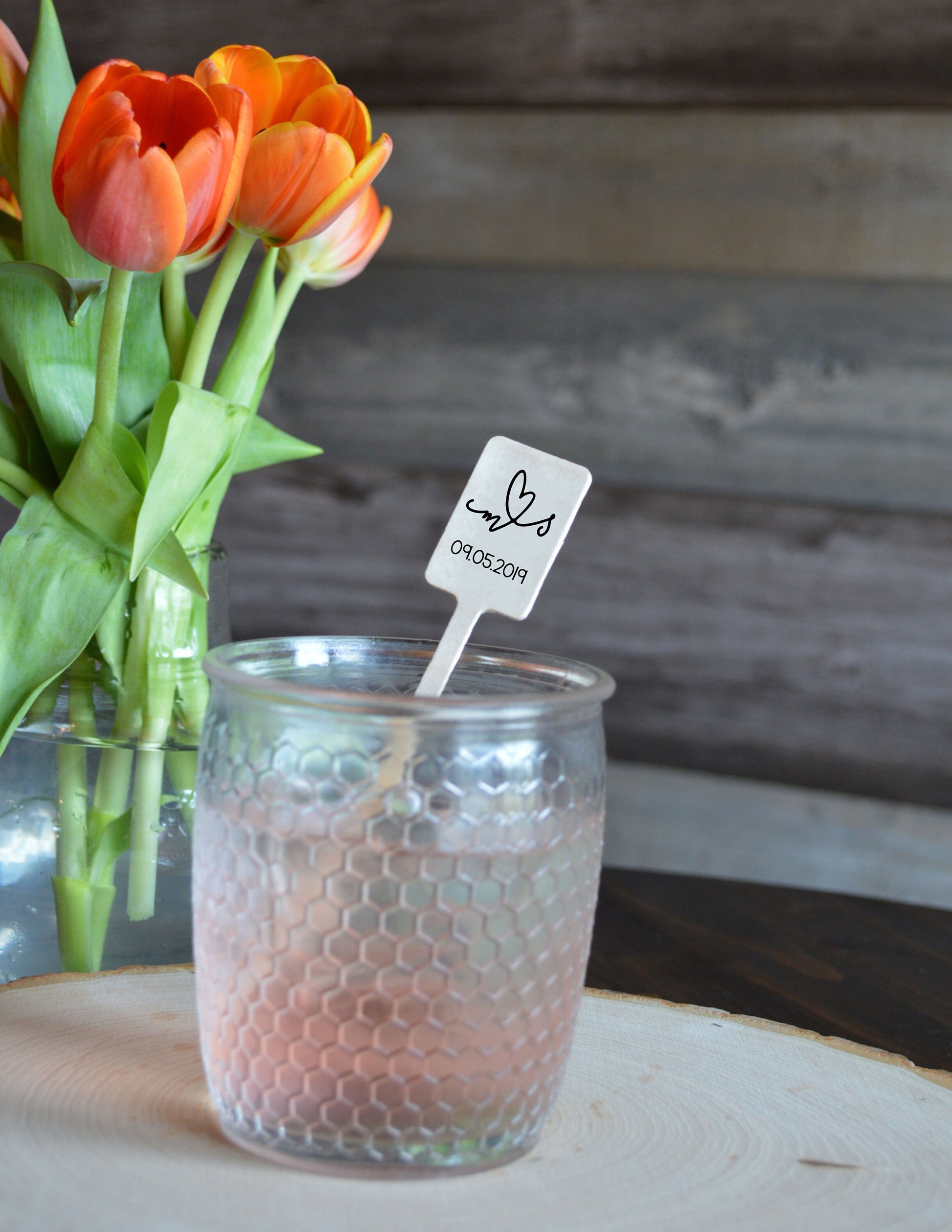 Personalized Wooden Drink Stirrers and Option to Add Matching Coasters - Letter and Letter Connected by Heart - Your Letter Choices