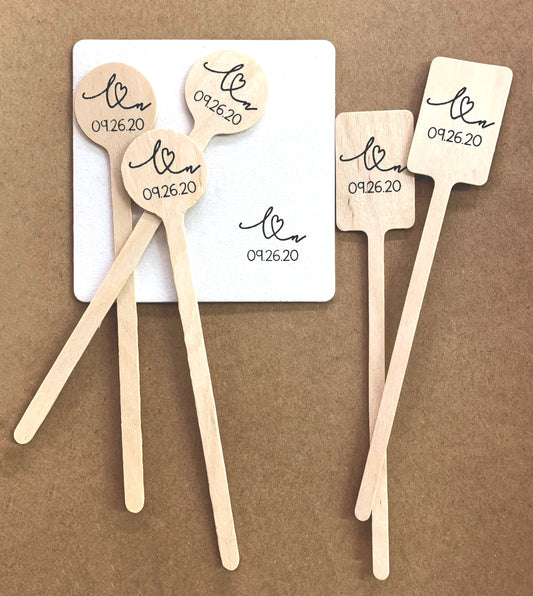 Personalized Wooden Drink Stirrers and Option to Add Matching Coasters - Letter and Letter Connected by Heart - Your Letter Choices