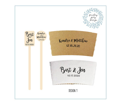 Set Natural Kraft Coffee Sleeves Brown or White and Custom Wood Stir Sticks - Any Shop Design - Wedding - Shower - Birthday - Gift