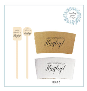 Set Natural Kraft Coffee Sleeves Brown or White and Custom Wood Stir Sticks - Any Shop Design - Wedding - Shower - Birthday - Gift