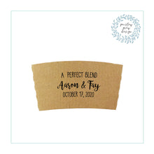 Load image into Gallery viewer, Personalized Natural Brown Kraft Coffee Sleeves, Optional White Cups and Black Lids - A Perfect Blend - Custom Text or Graphic/Font Choice