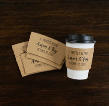 Load image into Gallery viewer, Personalized Natural Brown Kraft Coffee Sleeves, Optional White Cups and Black Lids - A Perfect Blend - Custom Text or Graphic/Font Choice