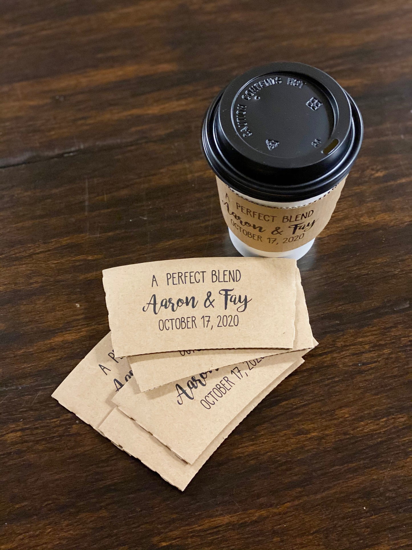 Personalized Natural Brown Kraft Coffee Sleeves, Optional White Cups and Black Lids - A Perfect Blend - Custom Text or Graphic/Font Choice