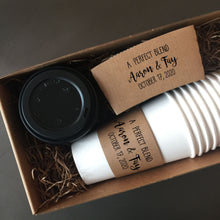 Load image into Gallery viewer, Personalized Natural Brown Kraft Coffee Sleeves, Optional White Cups and Black Lids - A Perfect Blend - Custom Text or Graphic/Font Choice