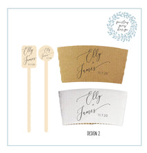 Load image into Gallery viewer, Set Natural Kraft Coffee Sleeves Brown or White and Custom Wood Stir Sticks - Any Shop Design - Wedding - Shower - Birthday - Gift