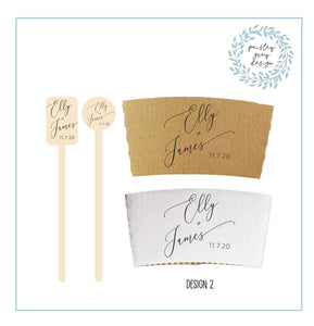 Set Natural Kraft Coffee Sleeves Brown or White and Custom Wood Stir Sticks - Any Shop Design - Wedding - Shower - Birthday - Gift