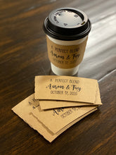 Load image into Gallery viewer, Personalized Natural Brown Kraft Coffee Sleeves, Optional White Cups and Black Lids - A Perfect Blend - Custom Text or Graphic/Font Choice