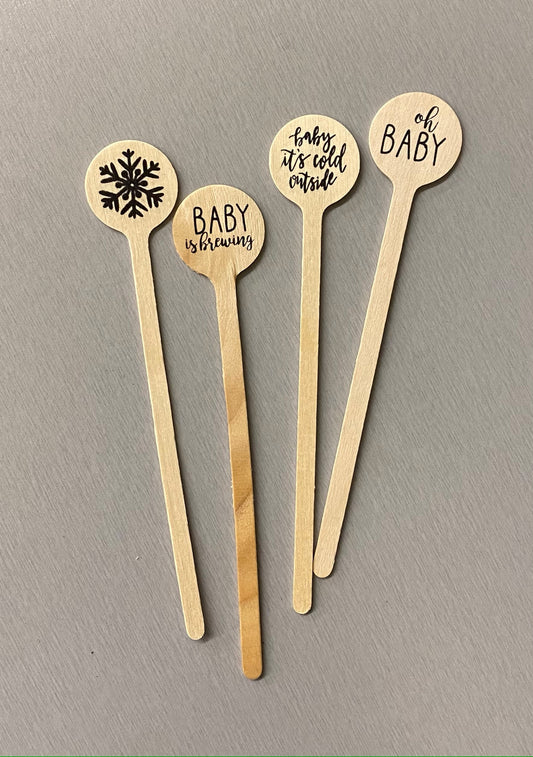Wooden Drink Stirrers- Wood Coffee Stir Sticks - Cupcake Picks - Baby Designs - FREE U. S. SHIPPING