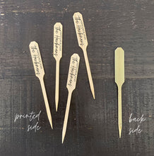 Load image into Gallery viewer, Personalized Bamboo Pointed Picks - Cheese - Cupcakes - Martinis - Cocktails - Custom Text or Graphic - FREE U. S. SHIPPING