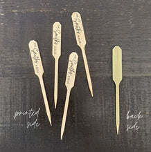 Load image into Gallery viewer, Personalized Bamboo Pointed Picks - Cheese - Cupcakes - Martinis - Cocktails - Custom Text or Graphic - FREE U. S. SHIPPING