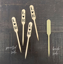 Load image into Gallery viewer, Personalized Bamboo Pointed Picks - Cheese - Cupcakes - Martinis - Cocktails - Custom Text or Graphic - FREE U. S. SHIPPING