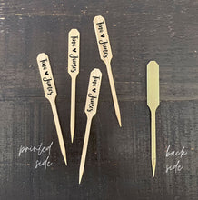 Load image into Gallery viewer, Personalized Bamboo Pointed Picks - Cheese - Cupcakes - Martinis - Cocktails - Custom Text or Graphic - FREE U. S. SHIPPING