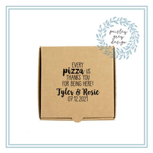 Load image into Gallery viewer, Custom Printed Mini Pizza Boxes 4.5 x 4.5 x 1 - Gift Card Size Box - Heavy Brown Kraft - Custom Graphic - Holiday Bake Gifting or Weddings