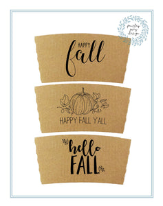 Ready to Ship - Not Customized - Natural Brown Kraft Coffee Sleeves and Optional Cups & Lids - Fall Design Choice - FREE U. S. SHIPPING