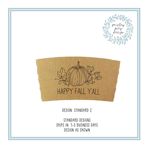 Ready to Ship - Not Customized - Natural Brown Kraft Coffee Sleeves and Optional Cups & Lids - Fall Design Choice - FREE U. S. SHIPPING