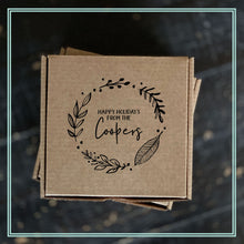 Load image into Gallery viewer, Custom Printed Mini Pizza Boxes 4.5 x 4.5 x 1 - Gift Card Size Box - Heavy Brown Kraft - Custom Graphic - Holiday Bake Gifting or Weddings