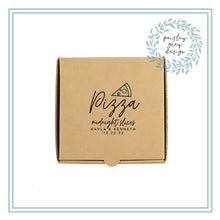 Load image into Gallery viewer, Custom Printed Mini Pizza Boxes 4.5 x 4.5 x 1 - Gift Card Size Box - Heavy Brown Kraft - Custom Graphic - Holiday Bake Gifting or Weddings