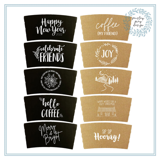Gift Box - 10 Piece Clear Boxed Set - Sleeves Cups Lids Printed in White on Black or Brown - Set of 10