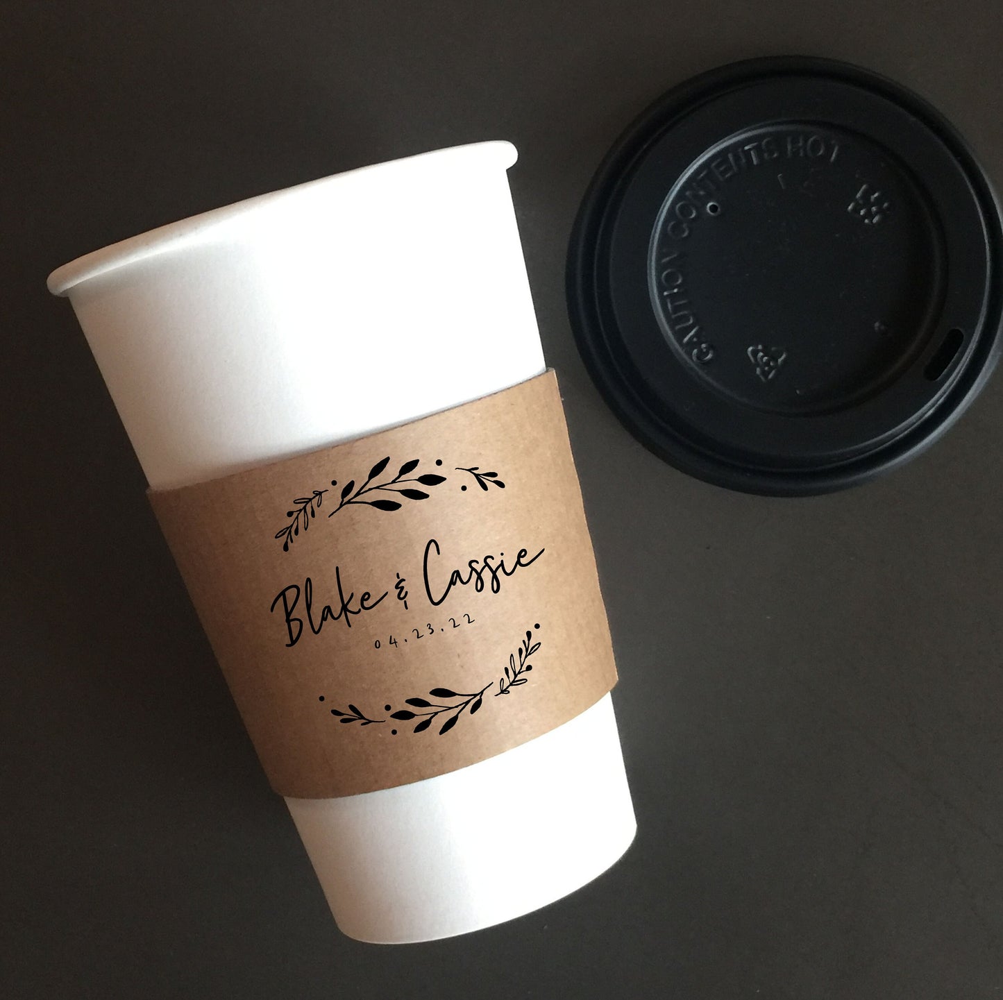 Personalized Coffee Sleeves or Sleeves Cups Lids - Optional Stirrers - Custom Text or Graphic - Font Choice - FREE U. S. SHIPPING
