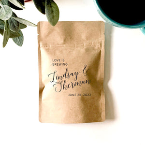 Personalized Natural Kraft Lined Coffee Favor Pouches - CUSTOM - Favors - Coffee Beans, Ground Coffee, Tea, Candy - FREE U. S. SHIPPING