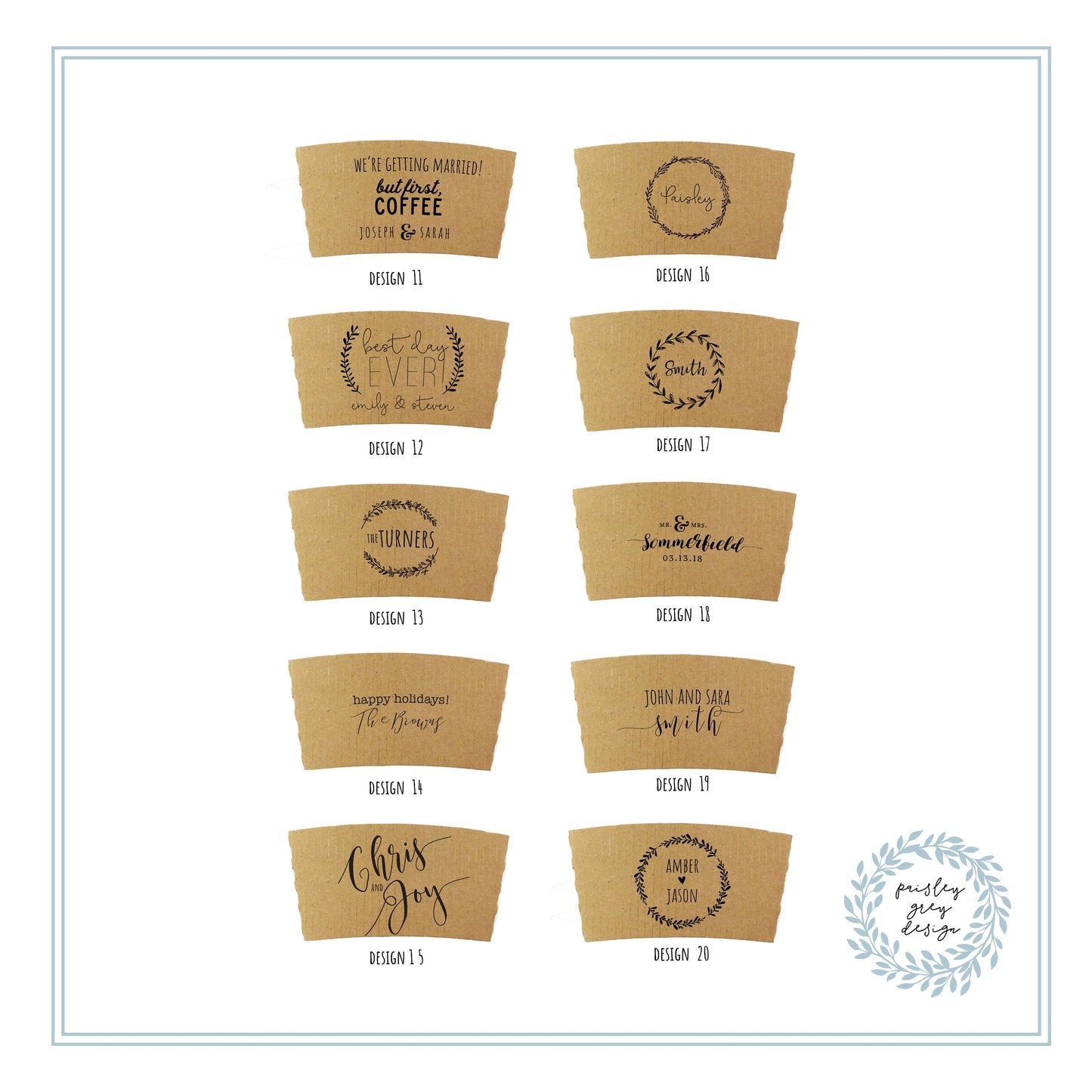 Personalized Coffee Sleeves or Sleeves Cups Lids - Optional Stirrers - Custom Text or Graphic - Font Choice - FREE U. S. SHIPPING