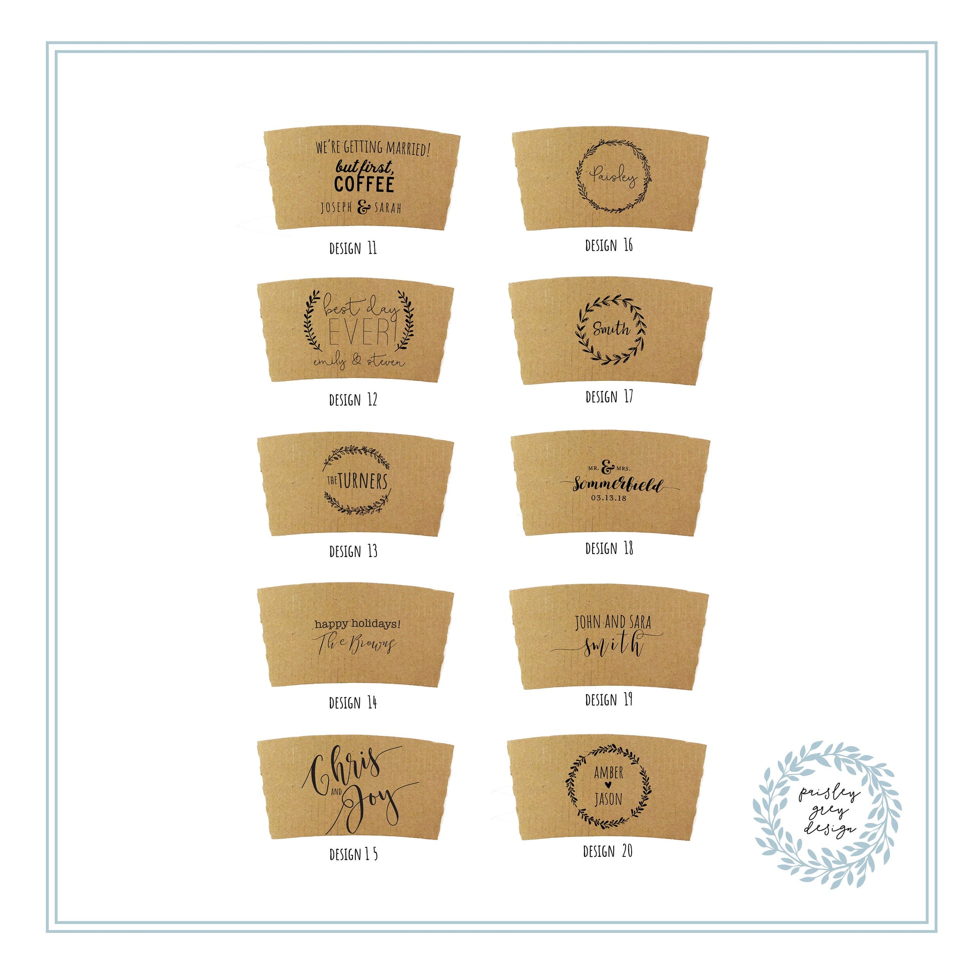 Personalized Coffee Sleeves or Sleeves Cups Lids - Optional Stirrers - Custom Text or Graphic - Font Choice - FREE U. S. SHIPPING