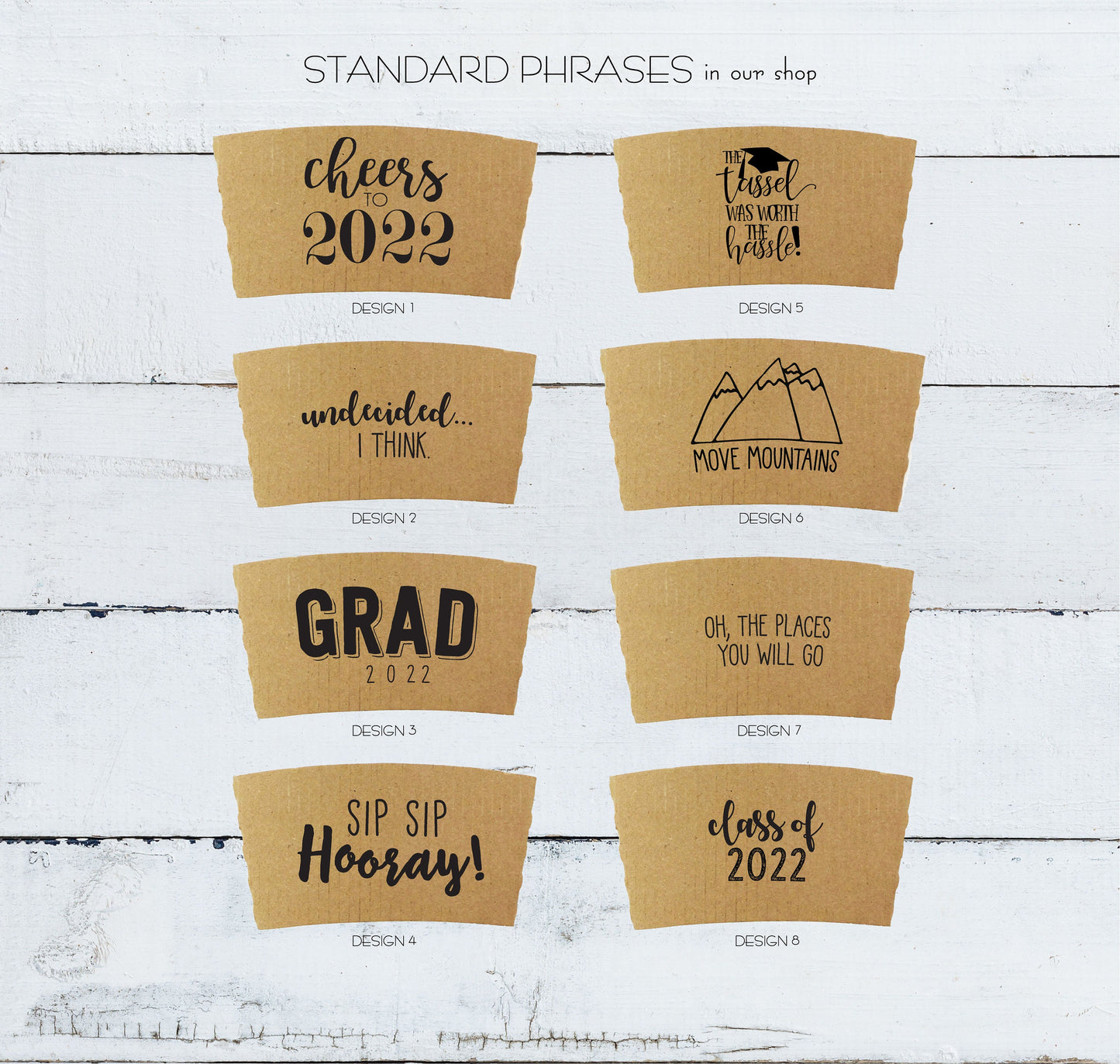 GRADUATION Themed Natural Brown Kraft Coffee Sleeves, White Cups, Black Lids - Standard Graphic Choice