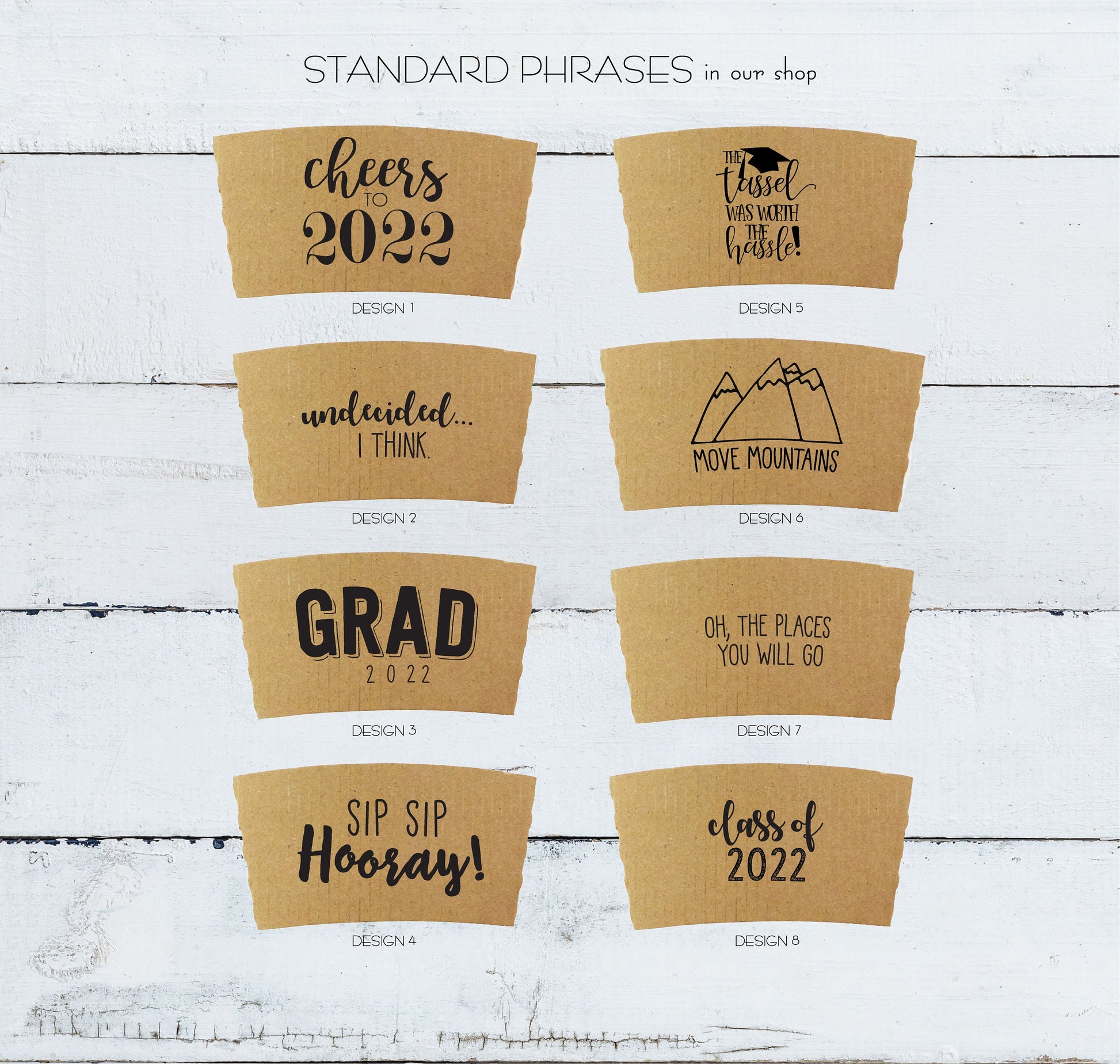 GRADUATION Themed Natural Brown Kraft Coffee Sleeves, White Cups, Black Lids - Standard Graphic Choice
