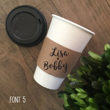 Load image into Gallery viewer, Personalized Natural Brown Kraft Coffee Sleeves Optional Cups &amp; Lids - Optional Stirrers - Script Name + Name - Wedding - Shower - Party