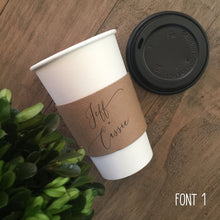 Load image into Gallery viewer, Personalized Natural Brown Kraft Coffee Sleeves Optional Cups &amp; Lids - Optional Stirrers - Script Name + Name - Wedding - Shower - Party