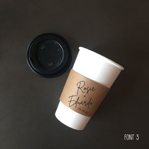 Personalized Natural Brown Kraft Coffee Sleeves Optional Cups & Lids - Optional Stirrers - Script Name + Name - Wedding - Shower - Party