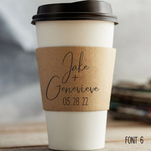 Load image into Gallery viewer, Personalized Natural Brown Kraft Coffee Sleeves Optional Cups &amp; Lids - Optional Stirrers - Script Name + Name - Wedding - Shower - Party