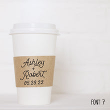 Load image into Gallery viewer, Personalized Natural Brown Kraft Coffee Sleeves Optional Cups &amp; Lids - Optional Stirrers - Script Name + Name - Wedding - Shower - Party