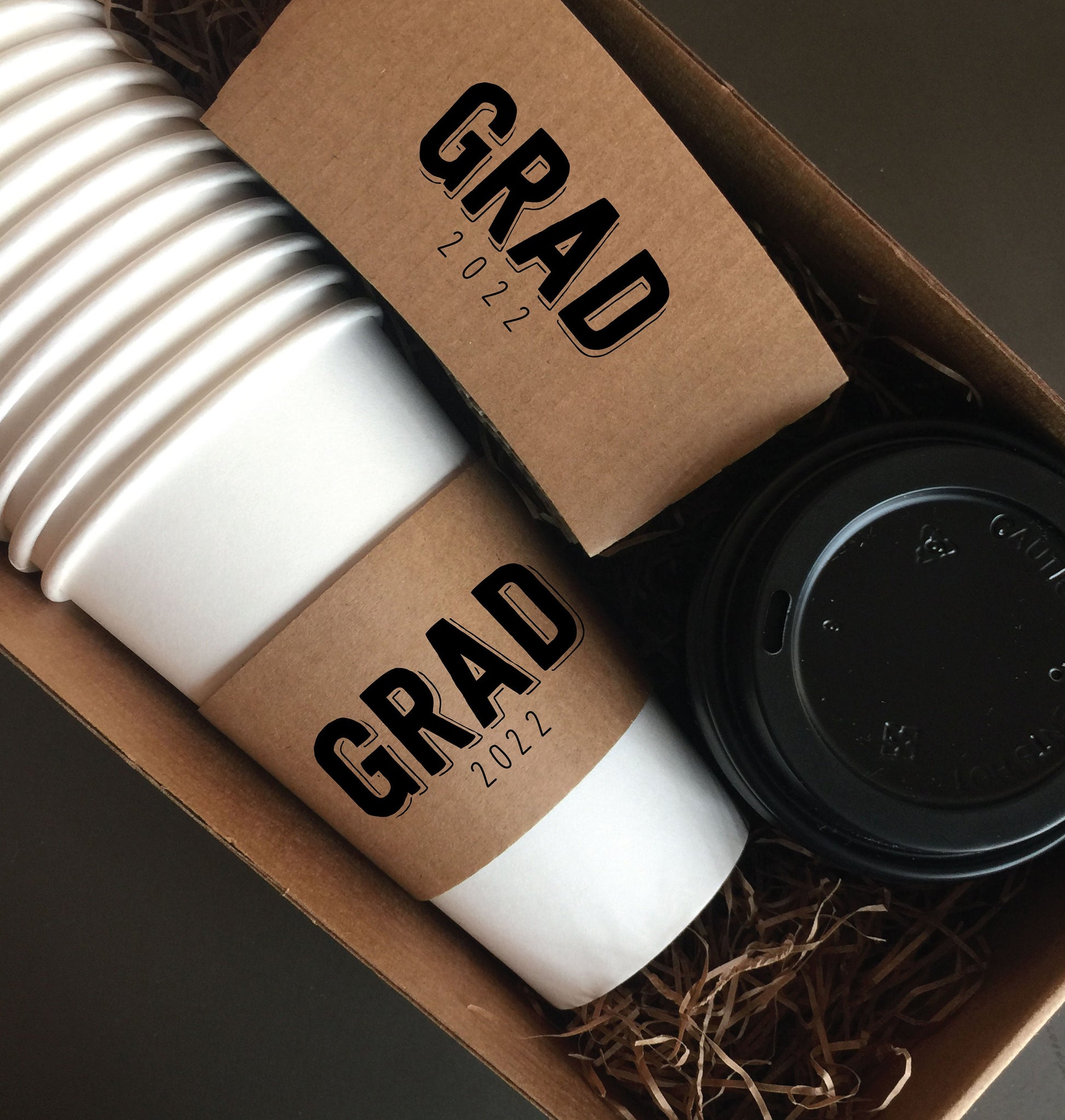 GRADUATION Themed Natural Brown Kraft Coffee Sleeves, White Cups, Black Lids - Standard Graphic Choice