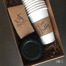 Load image into Gallery viewer, Personalized Natural Brown Kraft Coffee Sleeves Optional Cups &amp; Lids - Optional Stirrers - Script Name + Name - Wedding - Shower - Party