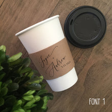 Load image into Gallery viewer, Personalized Natural Brown Kraft Coffee Sleeves Optional Cups &amp; Lids - Optional Stirrers - Script Name + Name - Wedding - Shower - Party