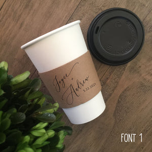 Personalized Natural Brown Kraft Coffee Sleeves Optional Cups & Lids - Optional Stirrers - Script Name + Name - Wedding - Shower - Party