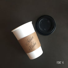 Load image into Gallery viewer, Personalized Natural Brown Kraft Coffee Sleeves Optional Cups &amp; Lids - Optional Stirrers - Script Name + Name - Wedding - Shower - Party