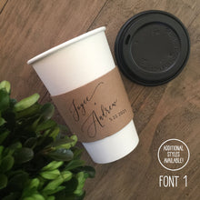 Load image into Gallery viewer, Personalized Natural Brown Kraft Custom Coffee Sleeve, White Cups and Black Lids - Script Name + Name Graphic - Wedding - Party - Shower