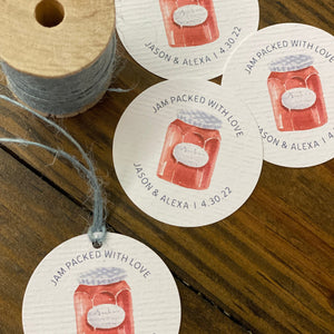 Textured White TAGS - 49mm Round Two Inch Tags - Jam Jar or Mason Jar Watercolor Design - Printed and Cut - CUSTOM - Party Wedding Favor