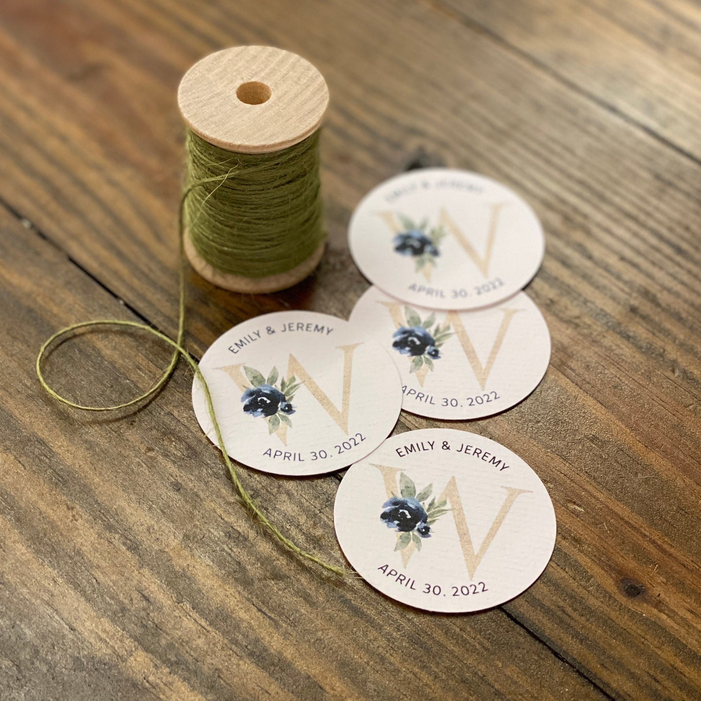 Free Shipping - Texured White TAGS - 49mm Round Two Inch Tags - Floral Monogram Watercolor Design - Printed and Cut - CUSTOM - Party Wedding