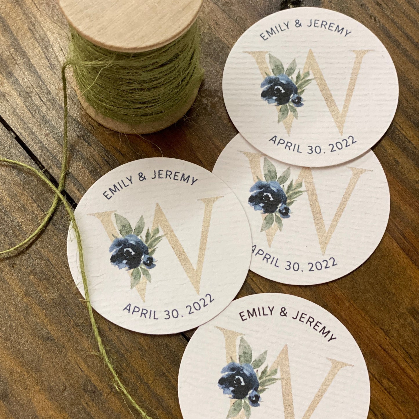 Free Shipping - Texured White TAGS - 49mm Round Two Inch Tags - Floral Monogram Watercolor Design - Printed and Cut - CUSTOM - Party Wedding