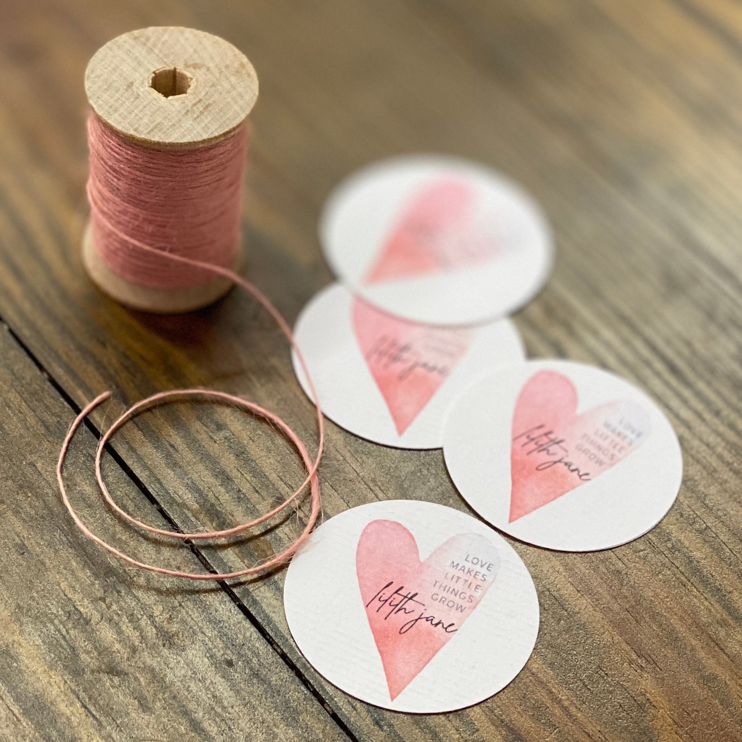 Free Shipping - Texured White TAGS - 49mm Round Two Inch Tags - Heart Watercolor Design - Printed and Cut - CUSTOM - Wedding Baby Shower