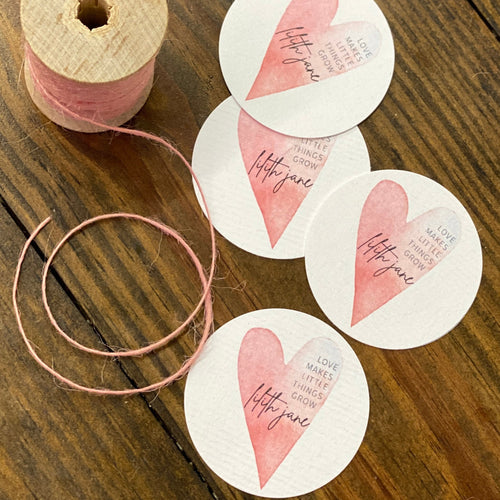 Free Shipping - Texured White TAGS - 49mm Round Two Inch Tags - Heart Watercolor Design - Printed and Cut - CUSTOM - Wedding Baby Shower