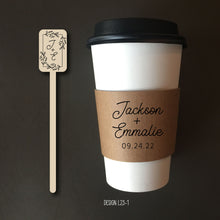 Load image into Gallery viewer, Personalized Natural Brown Kraft Custom Coffee Sleeve, White Cups, Black Lids and Matching Stirrers - Script Name + Name Graphic - Wedding